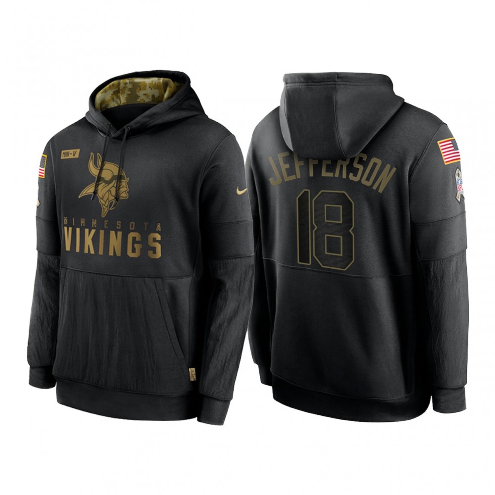 Men's Minnesota Vikings #18 Justin Jefferson 2020 Black Salute to Service Sideline Performance Pullover Hoodie 1