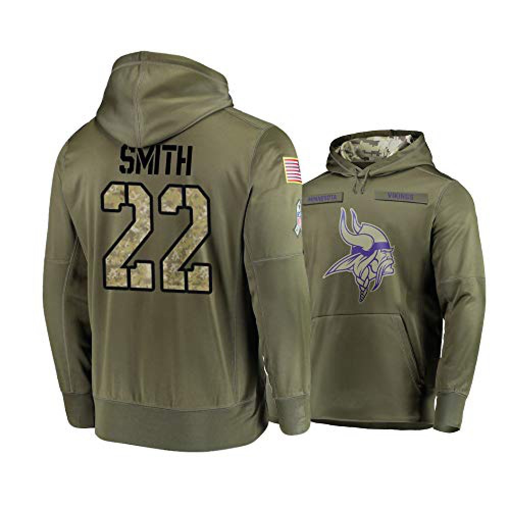 Men's Minnesota Vikings #22 Harrison Smith 2019 Olive Salute To Service Sideline Therma Performance Pullover Hoodie 1