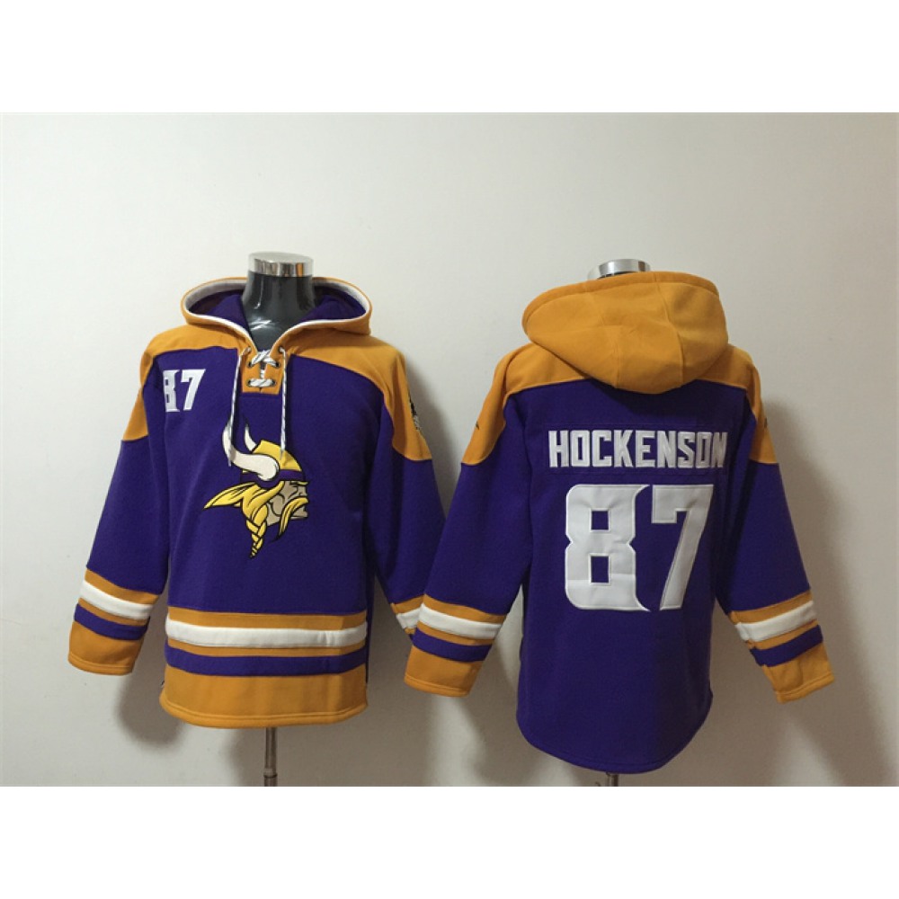 Men's Minnesota Vikings #87 T.J. Hockenson Purple/Yellow Ageless Must-Have Lace-Up Pullover Hoodie 1