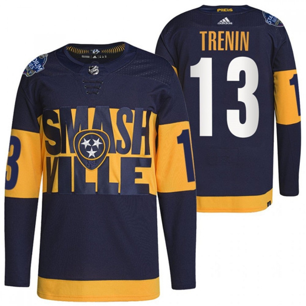 Men's Nashville Predators #13 Yakov Trenin 2022 Navy Stadium Series Player Stitched Jersey 1