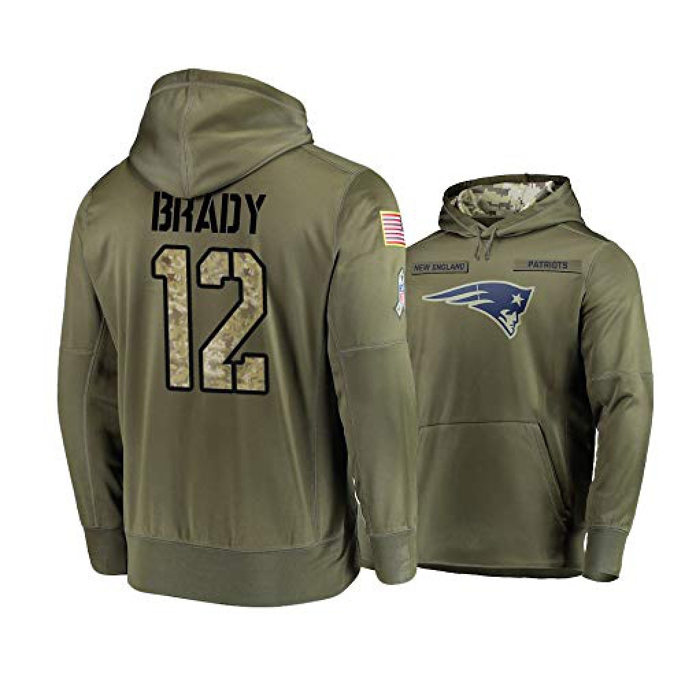 Men's New England Patriots #12 Tom Brady 2019 Olive Salute To Service Sideline Therma Performance Pullover Hoodie 1