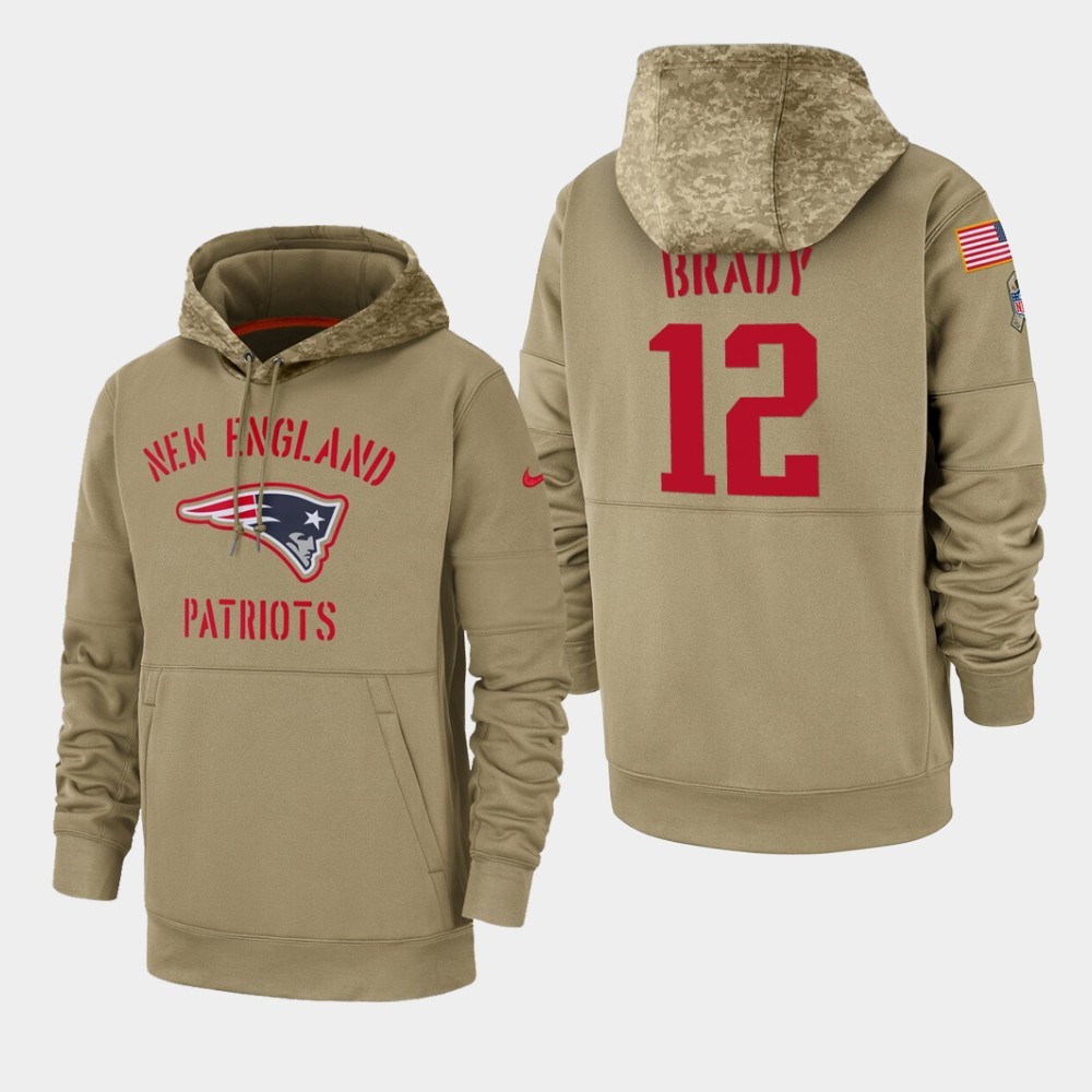 Men's New England Patriots #12 Tom Brady Tan 2019 Salute to Service Sideline Therma Pullover Hoodie 1
