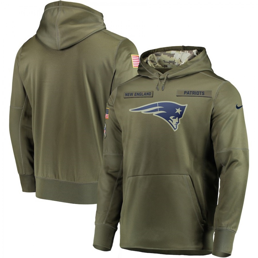 Men's New England Patriots 2018 Olive Salute to Service Sideline Therma Performance Pullover Stitched NFL Hoodie 1
