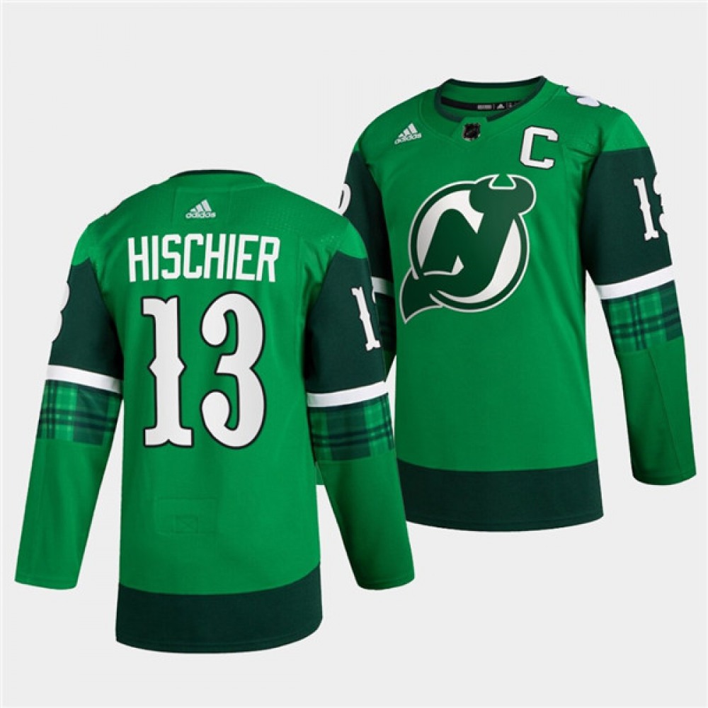 Men's New Jersey Devils #13 Nico Hischier Green Warm-Up St Patricks Day Stitched Jersey 1