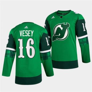 Men's New Jersey Devils #16 Jimmy Vesey Green Warm-Up St Patricks Day Stitched Jersey