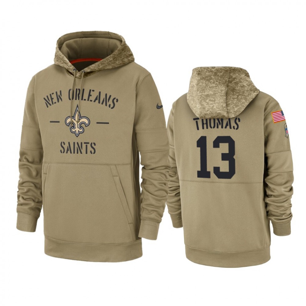 Men's New Orleans Saints #13 Michael Thomas Tan 2019 Salute to Service Sideline Therma Pullover Hoodie 1