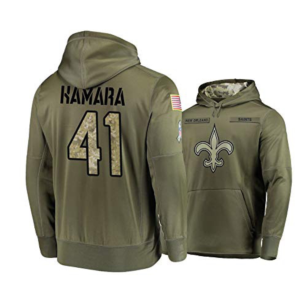Men's New Orleans Saints #41 Alvin Kamara 2019 Olive Salute To Service Sideline Therma Performance Pullover Hoodie 1