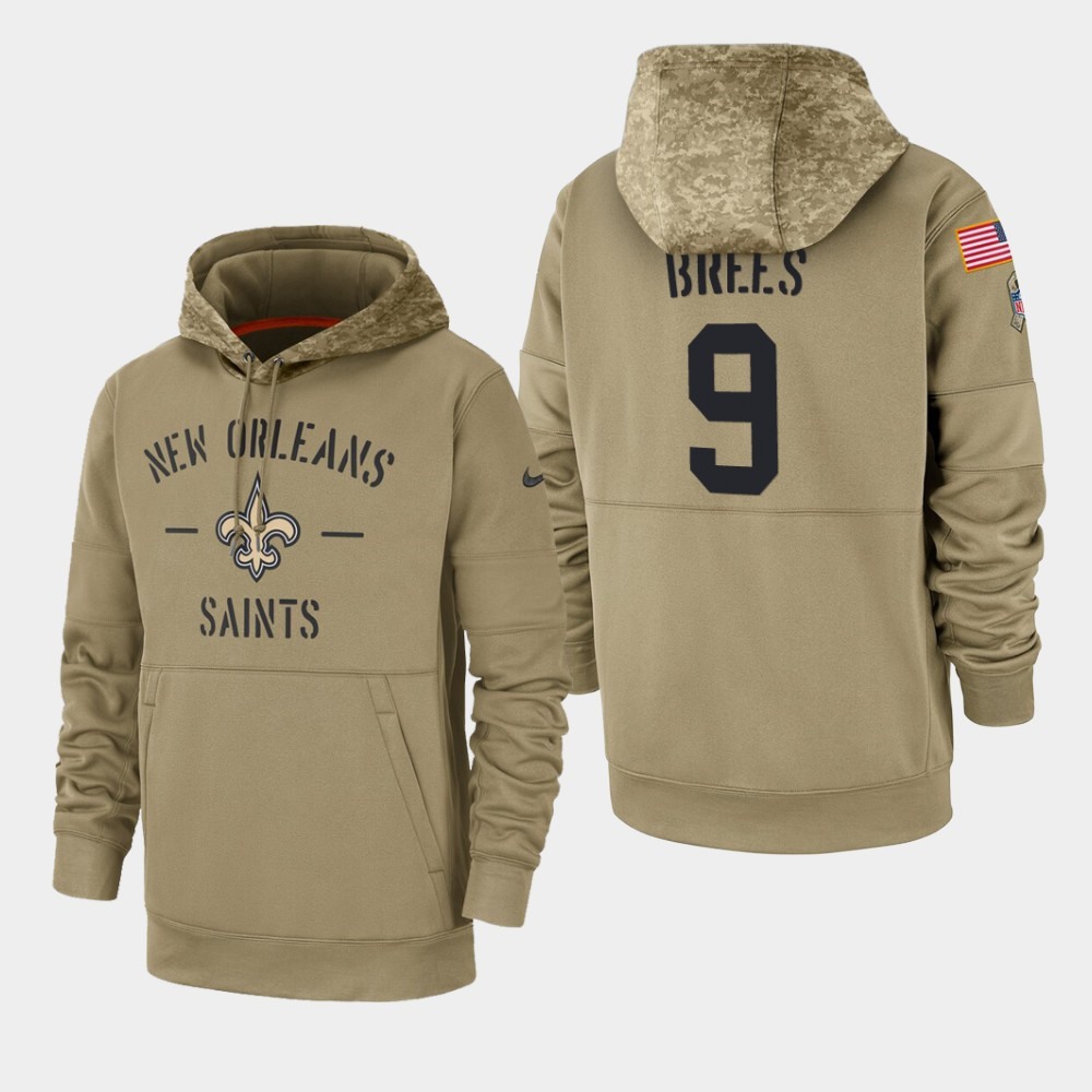 Men's New Orleans Saints #9 Drew Brees Tan 2019 Salute to Service Sideline Therma Pullover Hoodie 1