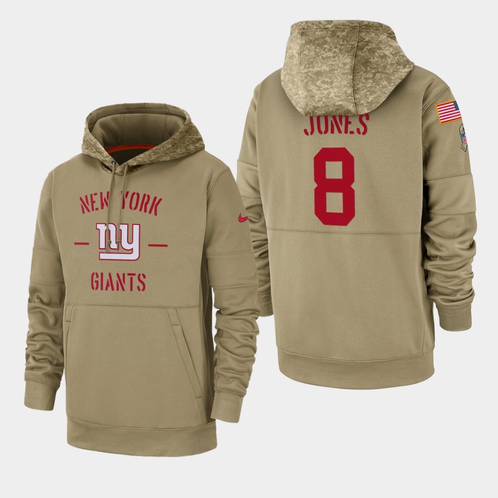 Men's New York Giants #8 Daniel Jones Tan 2019 Salute to Service Sideline Therma Pullover Hoodie 1