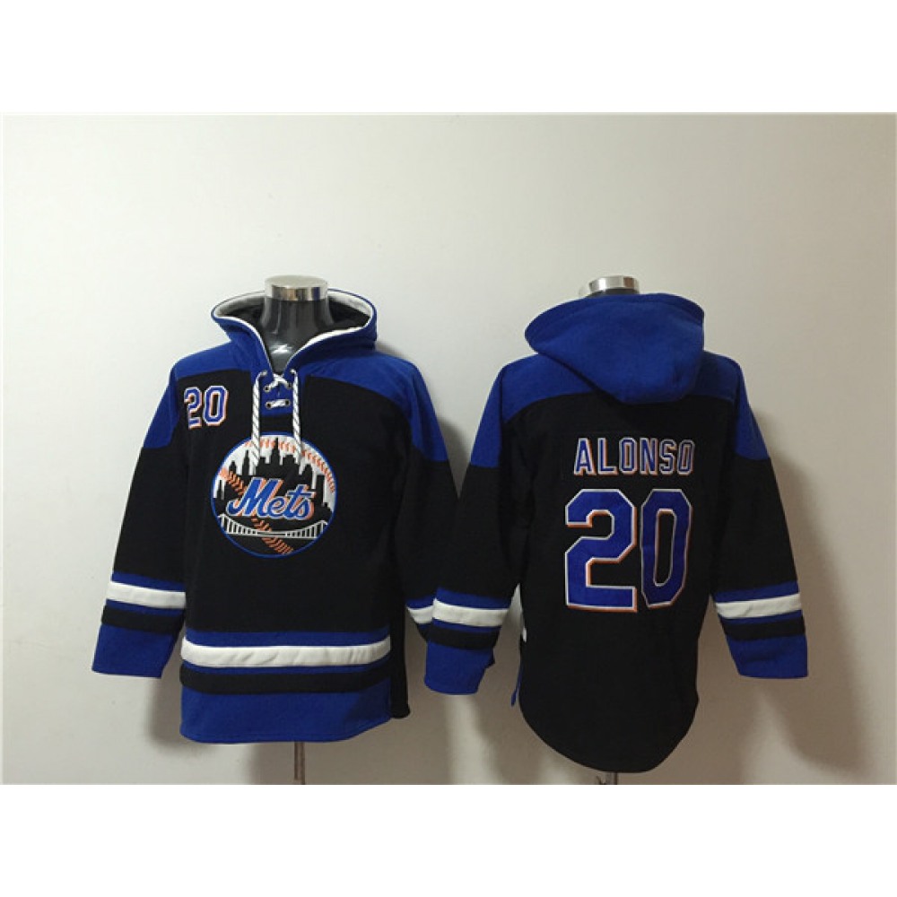 Men's New York Mets #20 Pete Alonso Black/Blue Ageless Must-Have Lace-Up Pullover Hoodie 1