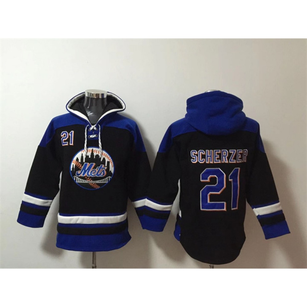 Men's New York Mets #21 Max Scherzer Black/Blue Ageless Must-Have Lace-Up Pullover Hoodie 1