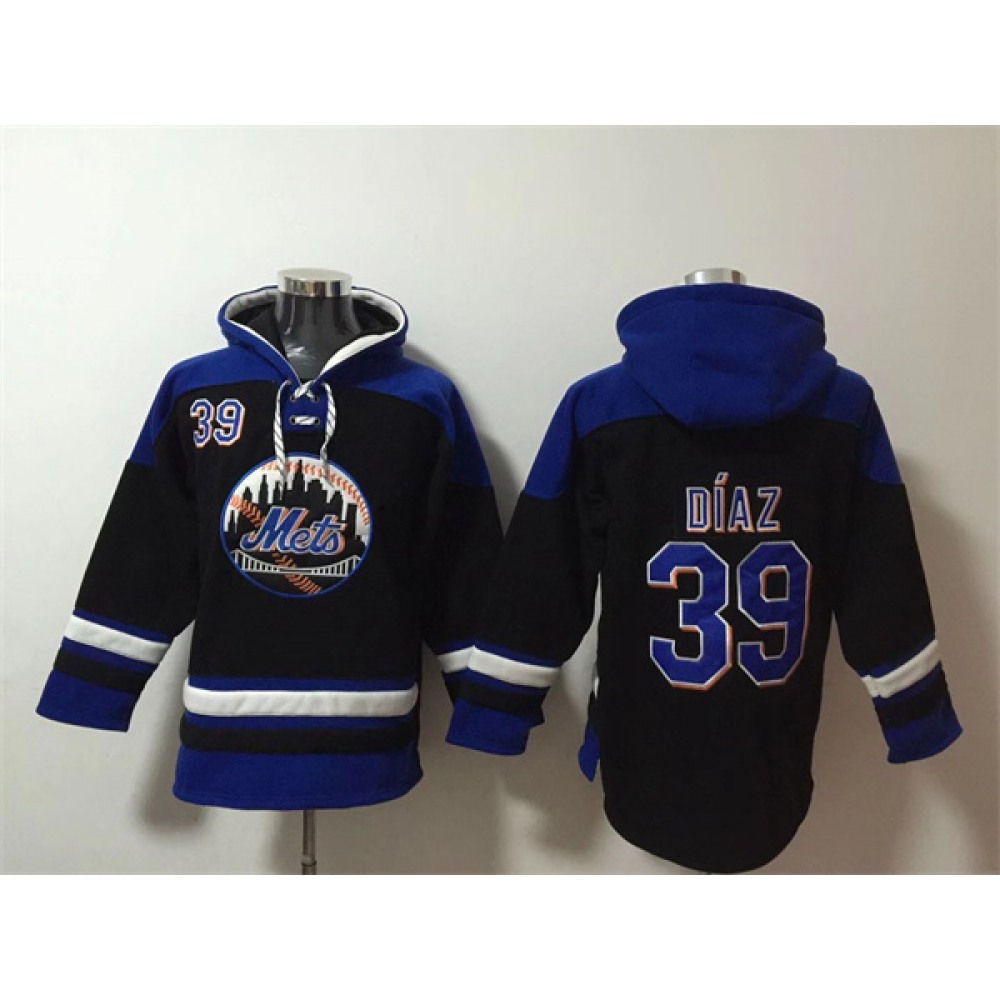 Men's New York Mets #39 Edwin Diaz Black/Blue Ageless Must-Have Lace-Up Pullover Hoodie 1