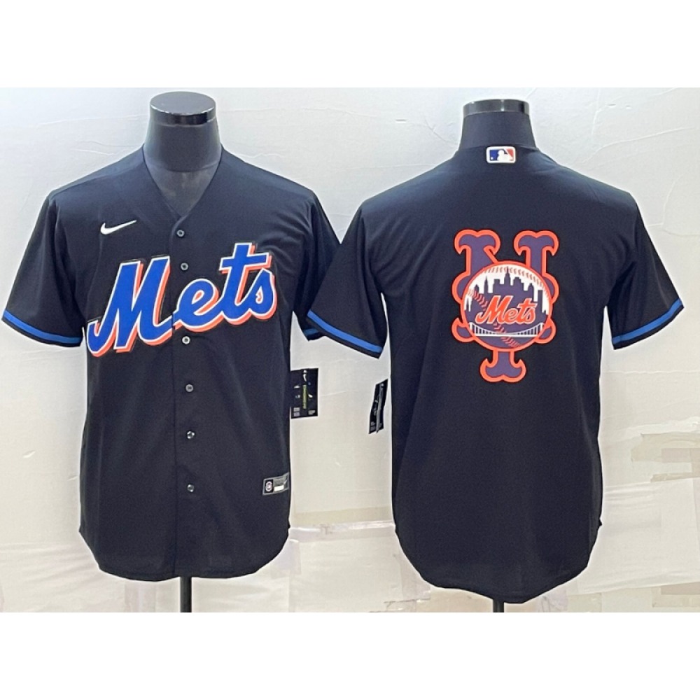 Men's New York Mets Black Team Big Logo Cool Base Stitched Baseball Jersey 1