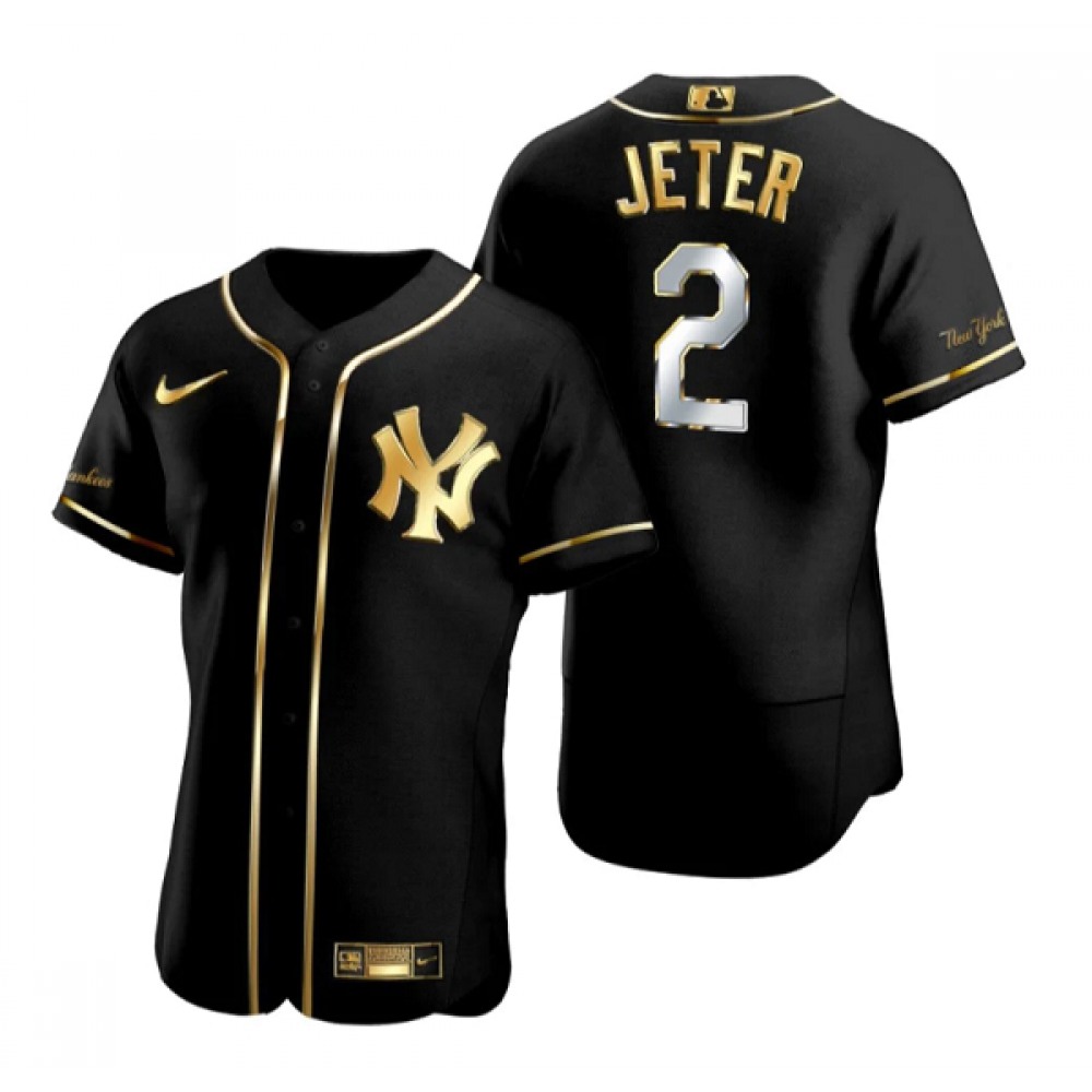 Men's New York Yankees #2 Derek Jeter Black/Gold Flex Base Stitched Baseball Jersey 1