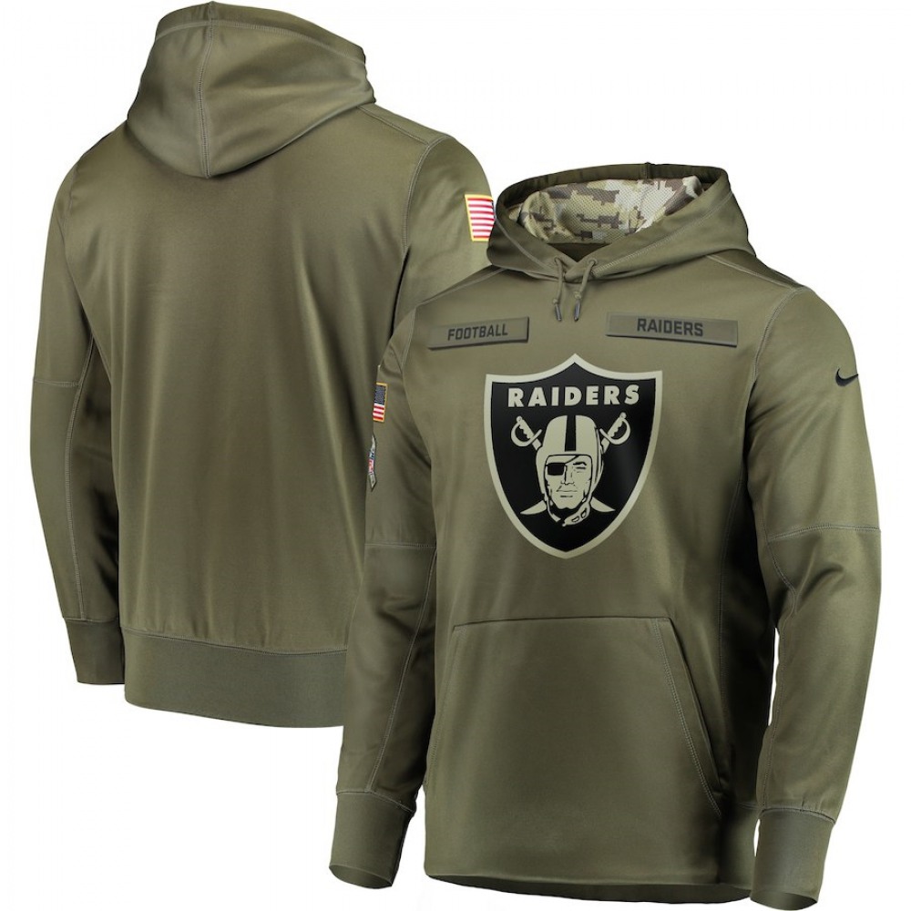 Men's Oakland Raiders 2018 Olive Salute to Service Sideline Therma Performance Pullover Stitched NFL Hoodie 1