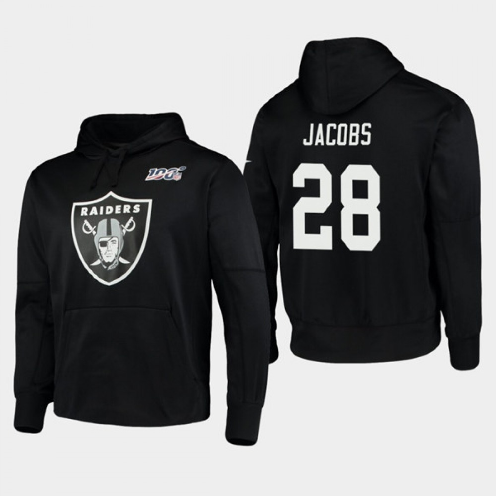 Men's Oakland Raiders #28 Josh Jacobs Black 100th Season Primary Logo Pullover Hoodie 1