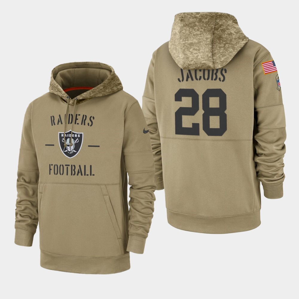 Men's Oakland Raiders #28 Josh Jacobs Tan 2019 Salute to Service Sideline Therma Pullover Hoodie 1