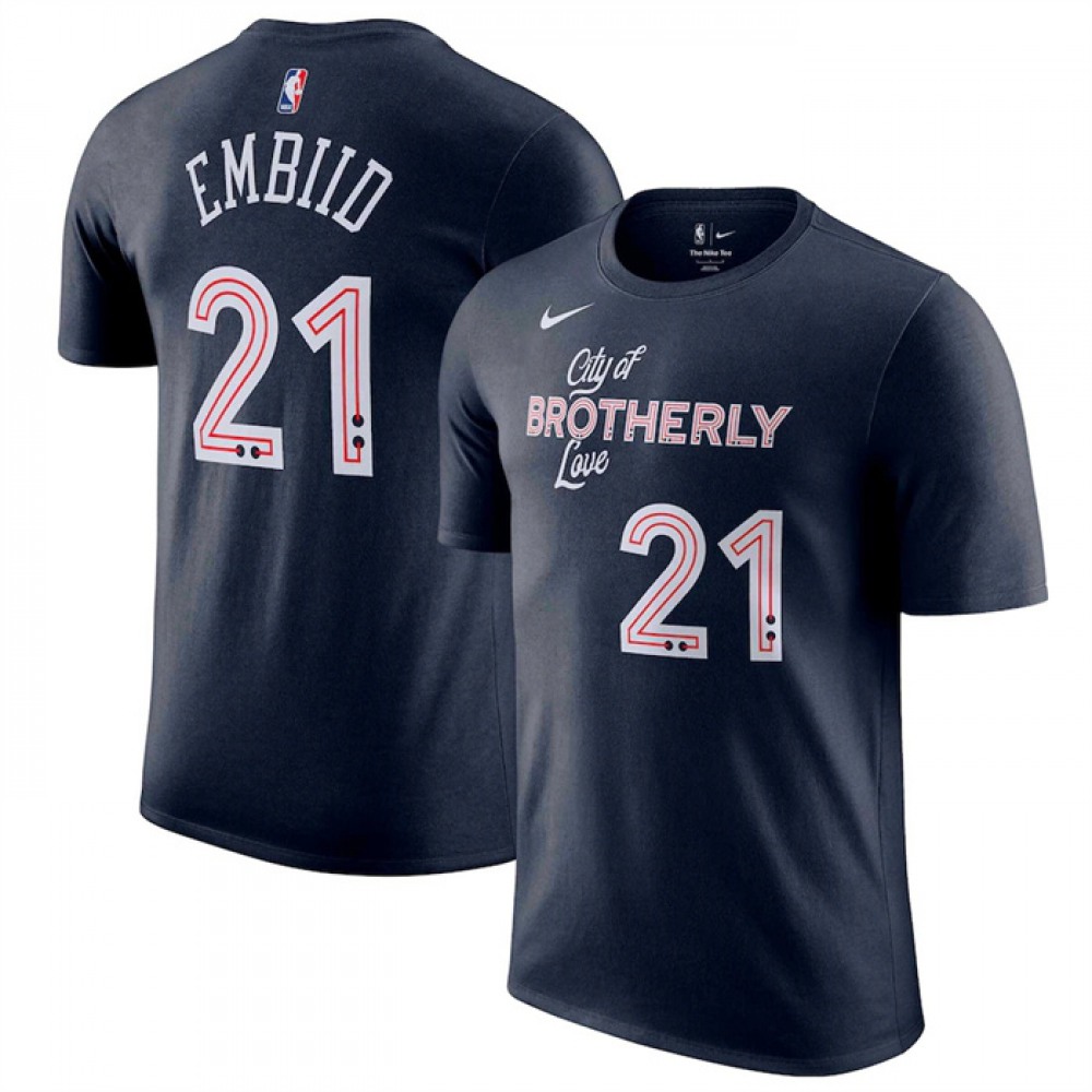Men's Philadelphia 76ers #21 Joel Embiid Navy 2023/24 City Edition Name & Number T-Shirt 1