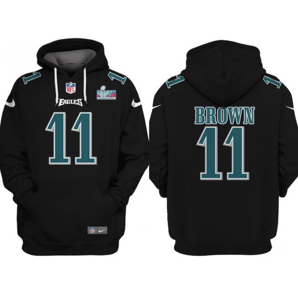 Men's Philadelphia Eagles #11 A.J. Brown Black Super Bowl LVII Patch Pullover Hoodie 1