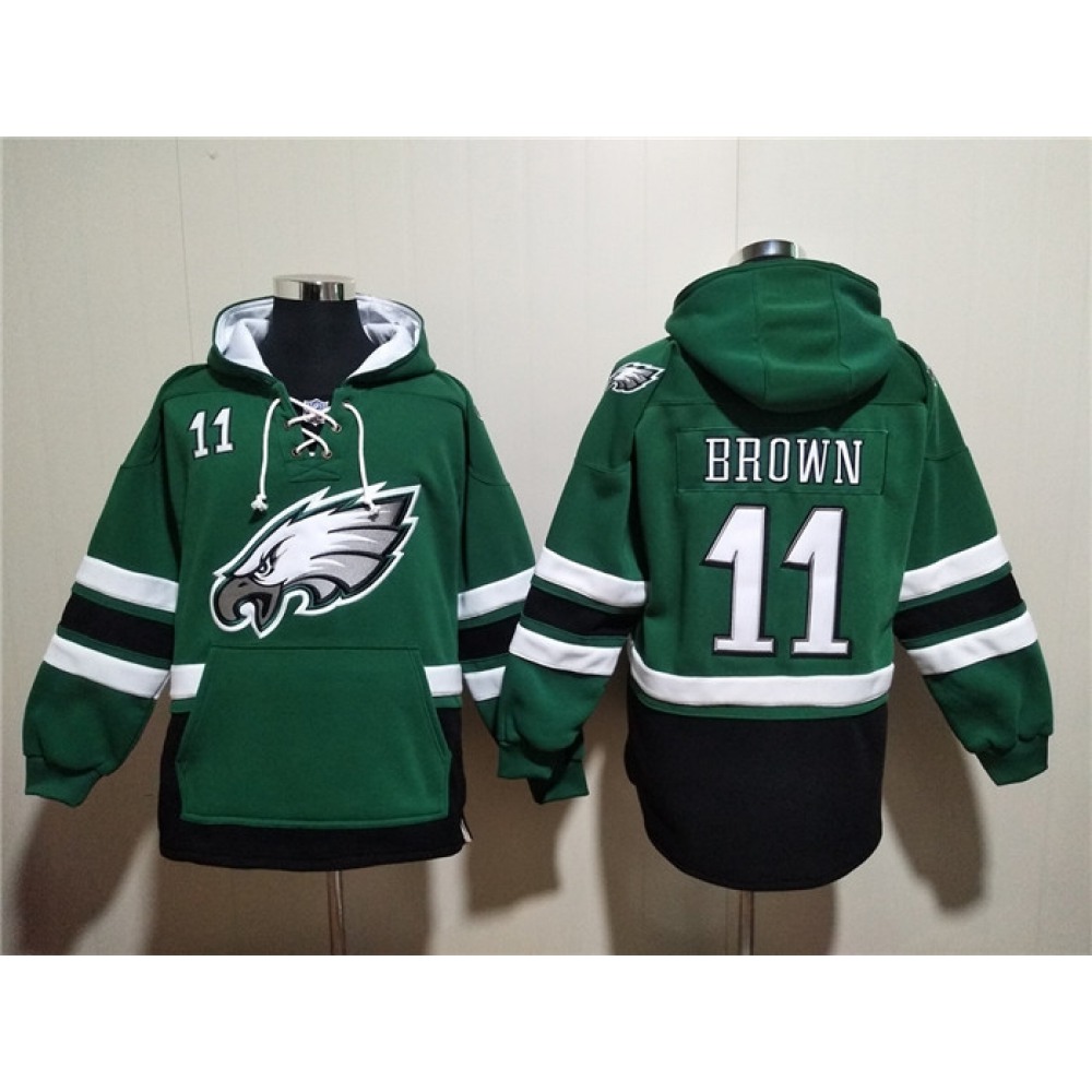 Men's Philadelphia Eagles #11 A.J. Brown Green Ageless Must-Have Lace-Up Pullover Hoodie 1