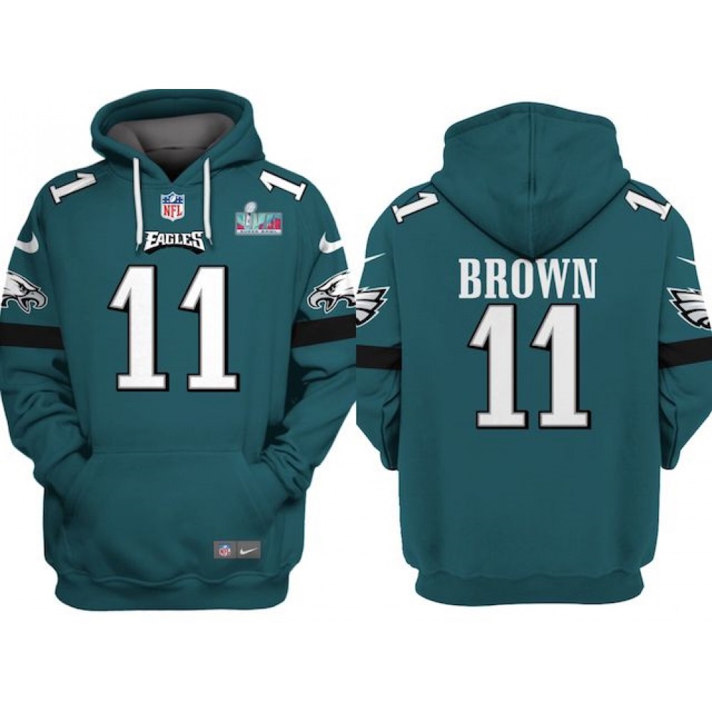 Men's Philadelphia Eagles #11 A.J. Brown Green Super Bowl LVII Patch Pullover Hoodie 1