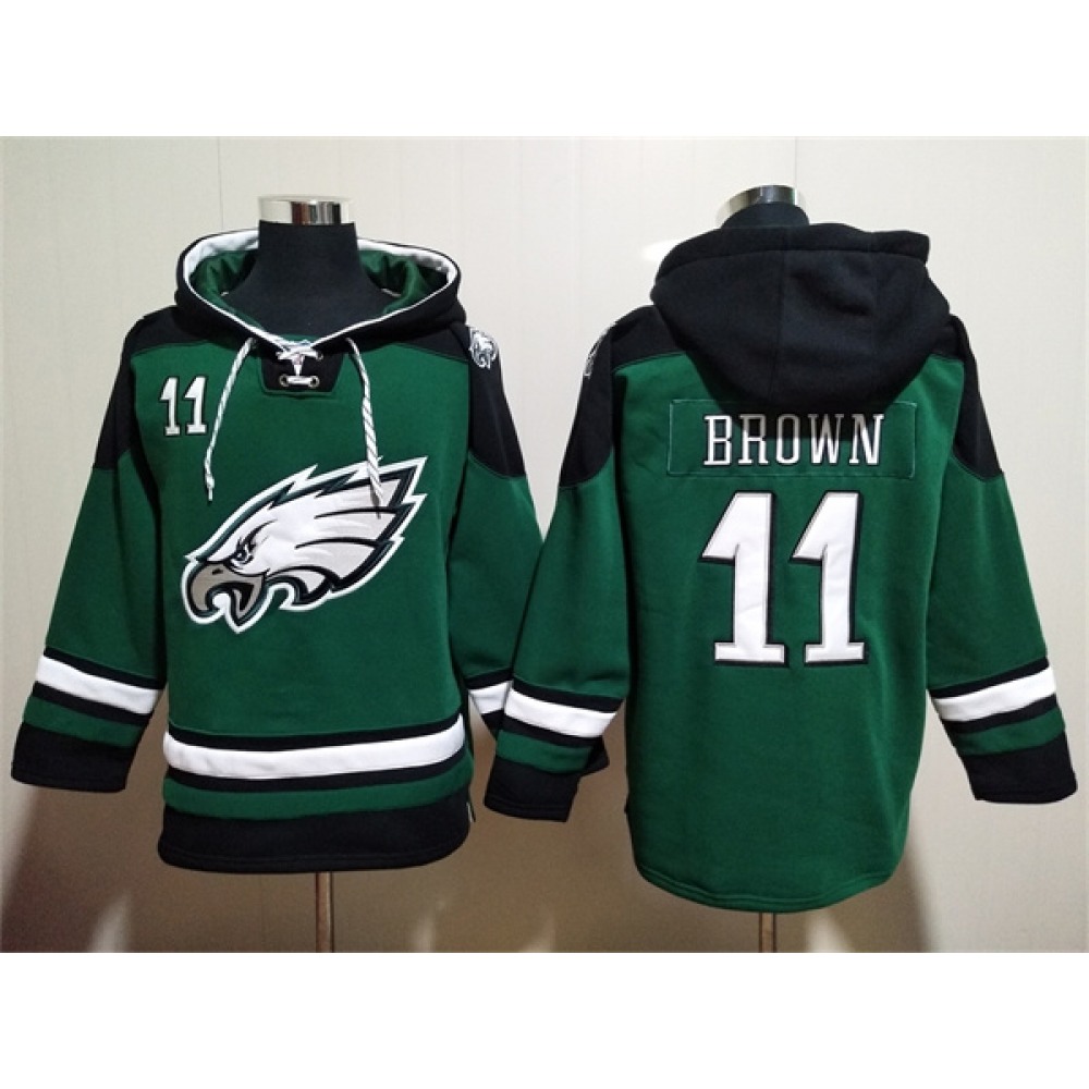 Men's Philadelphia Eagles #11 A. J. Brown Green Lace-Up Pullover Hoodie 1