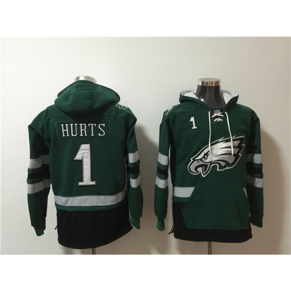 Men's Philadelphia Eagles #1 Jalen Hurts Green Ageless Must-Have Lace-Up Pullover Hoodie 1