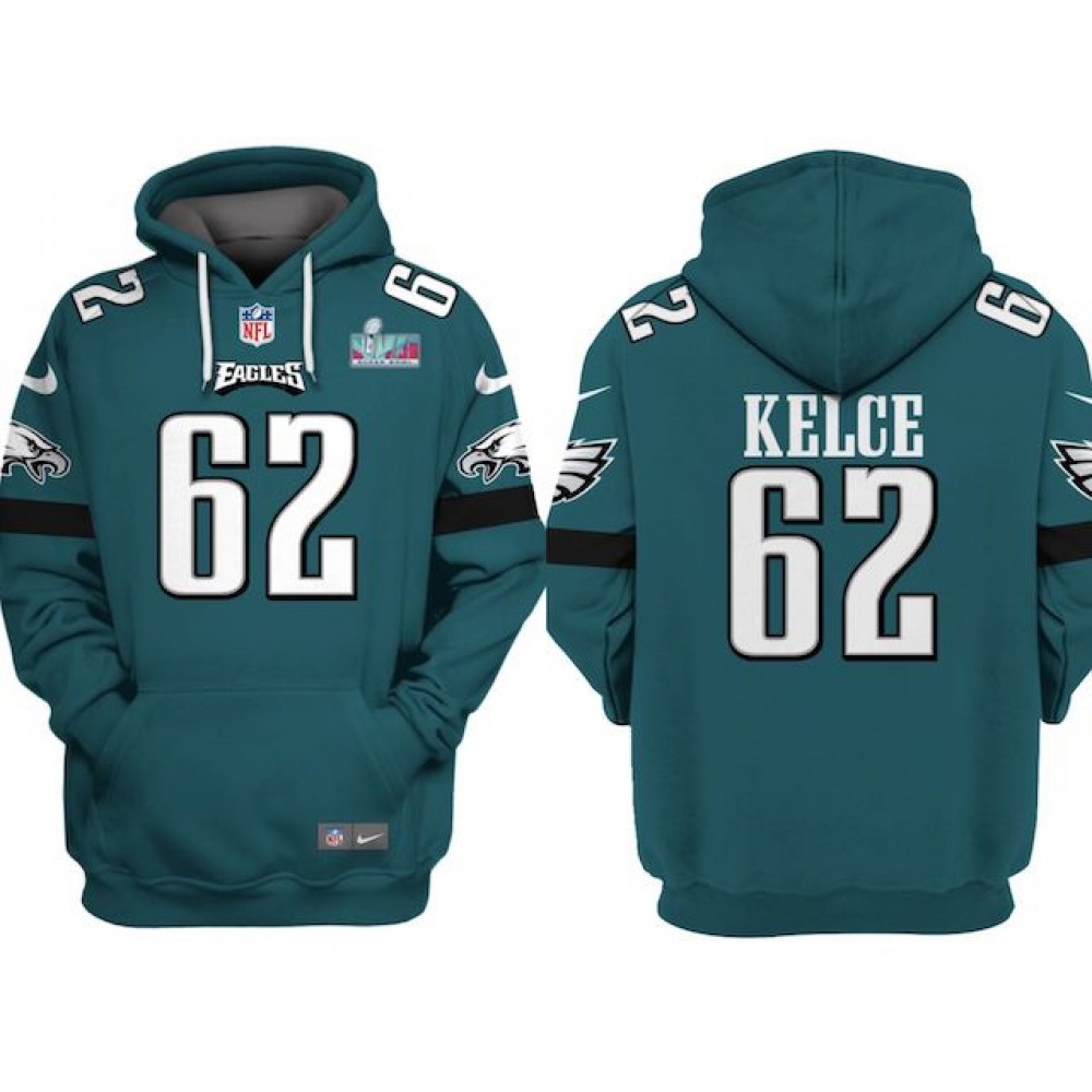 Men's Philadelphia Eagles #62 Jason Kelce White Super Bowl LVII Patch Pullover Hoodie 1