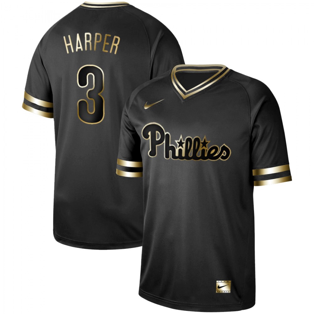Men's Philadelphia Phillies #3 Bryce Harper Black Gold Stitched MLB Jersey 1