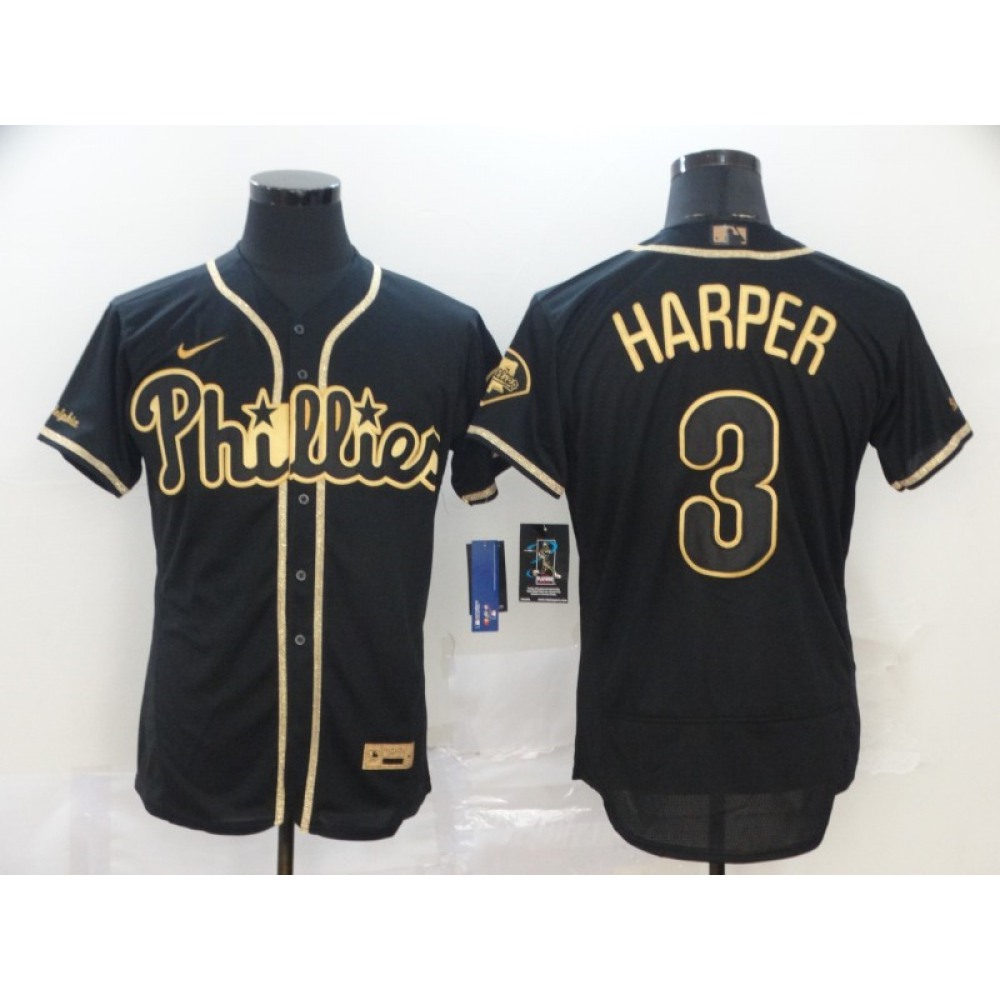 Men's Philadelphia Phillies #3 Bryce Harper Black Golden Stitched MLB Jersey 1
