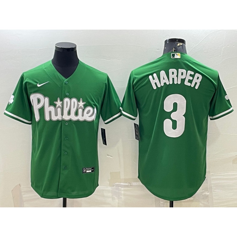 Men's Philadelphia Phillies #3 Bryce Harper Green Cool Base Stitched Baseball Jersey 1