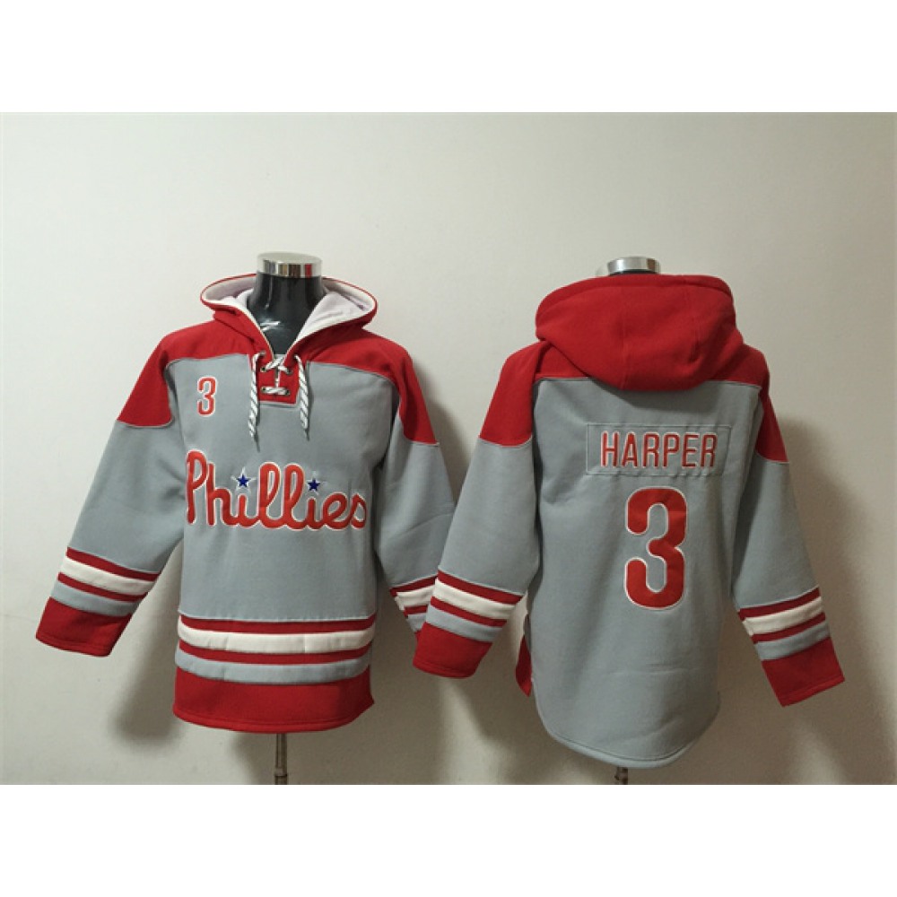 Men's Philadelphia Phillies #3 Bryce Harper Grey/Red Ageless Must-Have Lace-Up Pullover Hoodie 1