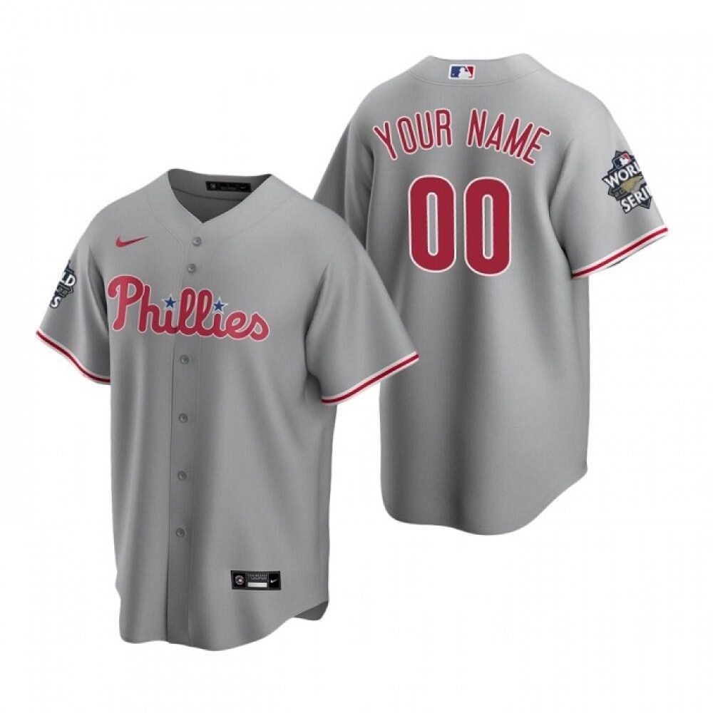 Men's Philadelphia Phillies Customized Grey 2022 World Series Cool Base Stitched Baseball Jersey 1