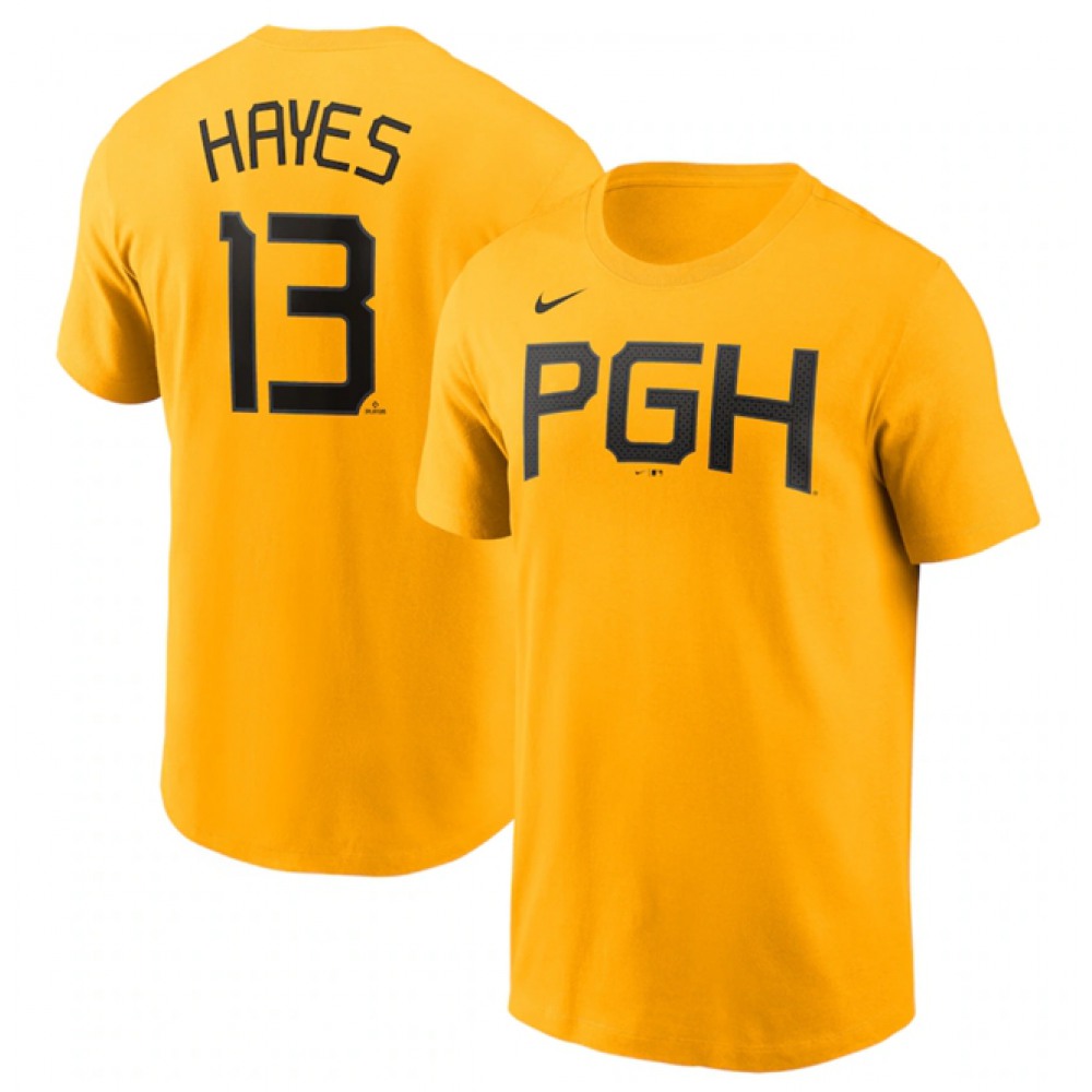 Men's Pittsburgh Pirates #13 Ke'Bryan Hayes Gold 2023 City Connect Name & Number T-Shirt 1