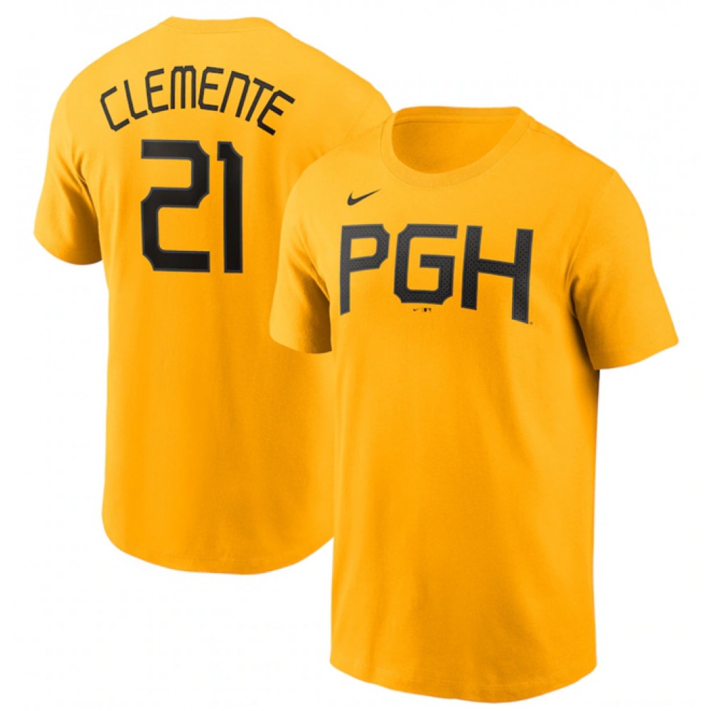 Men's Pittsburgh Pirates #21 Roberto Clemente Gold 2023 City Connect Name & Number T-Shirt 1