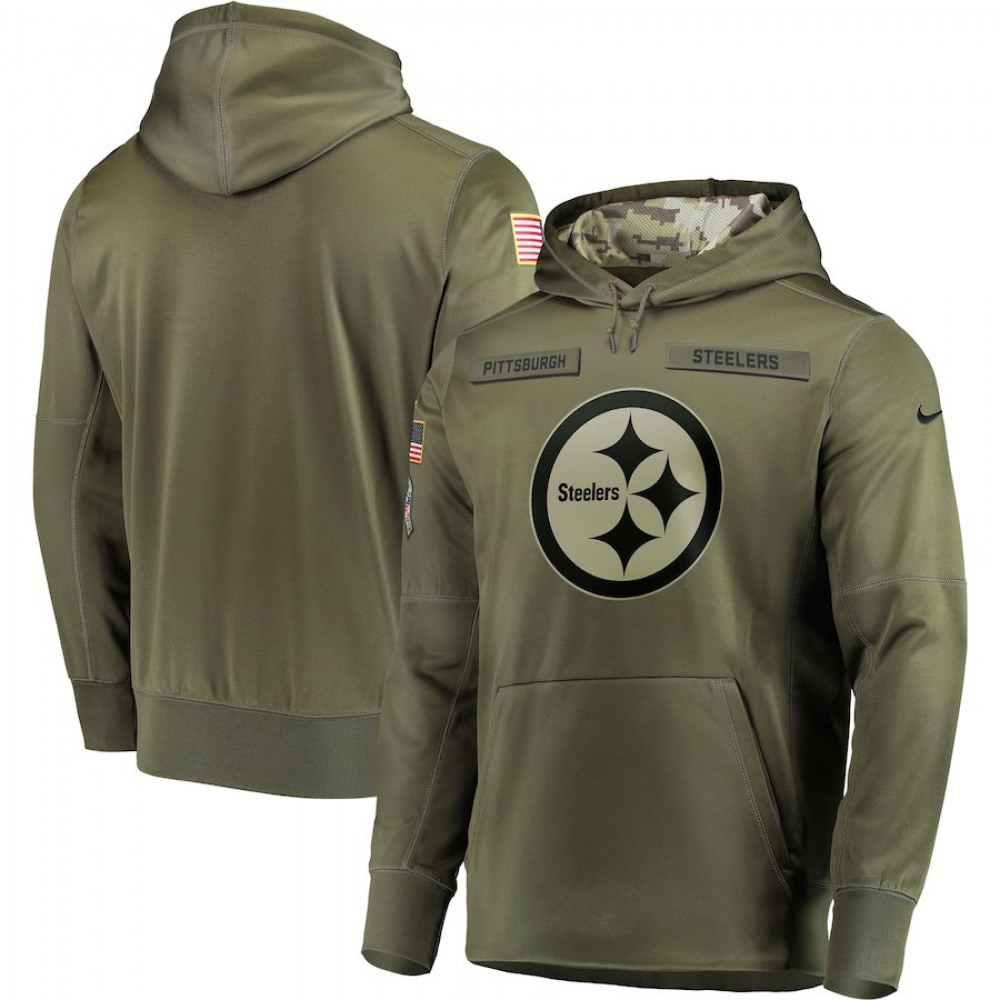 Men's Pittsburgh Steelers 2018 Olive Salute to Service Sideline Therma Performance Pullover Stitched NFL Hoodie 1