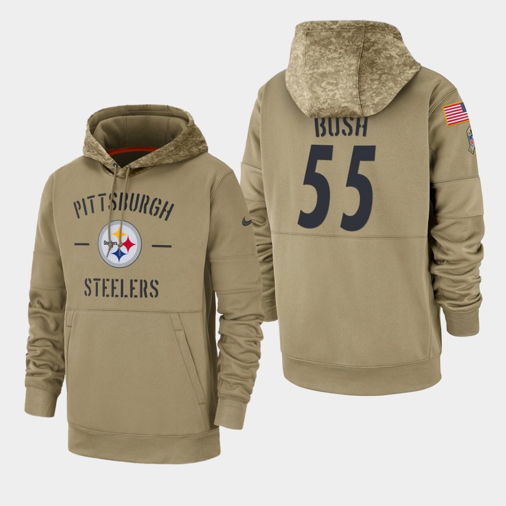 Men's Pittsburgh Steelers #55 Devin Bush Tan 2019 Salute to Service Sideline Therma Pullover Hoodie 1