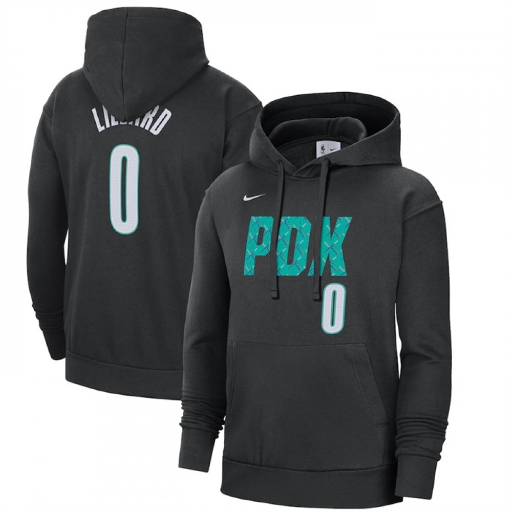 Men's Portland Trail Blazers #0 Damian Lillard Black 2022/23 City Edition Name & Number Essential Pullover Hoodie 1