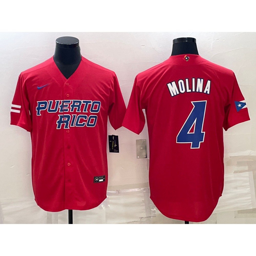 Men's Puerto Rico Baseball #4 Yadier Molina 2023 Red World Baseball Classic Stitched Jersey 1