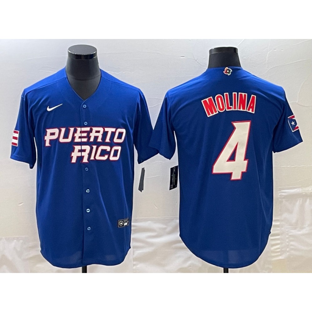 Men's Puerto Rico Baseball #4 Yadier Molina 2023 Royal World Baseball Classic Stitched Jersey 1