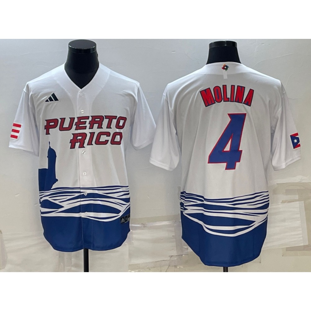 Men's Puerto Rico Baseball #4 Yadier Molina 2023 White World Baseball Classic Stitched Jersey 1