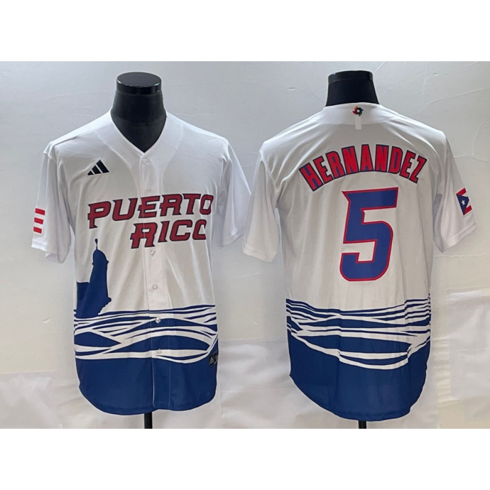 Men's Puerto Rico Baseball #5 Enrique Hernandez 2023 White World Baseball Classic Stitched Jersey 1