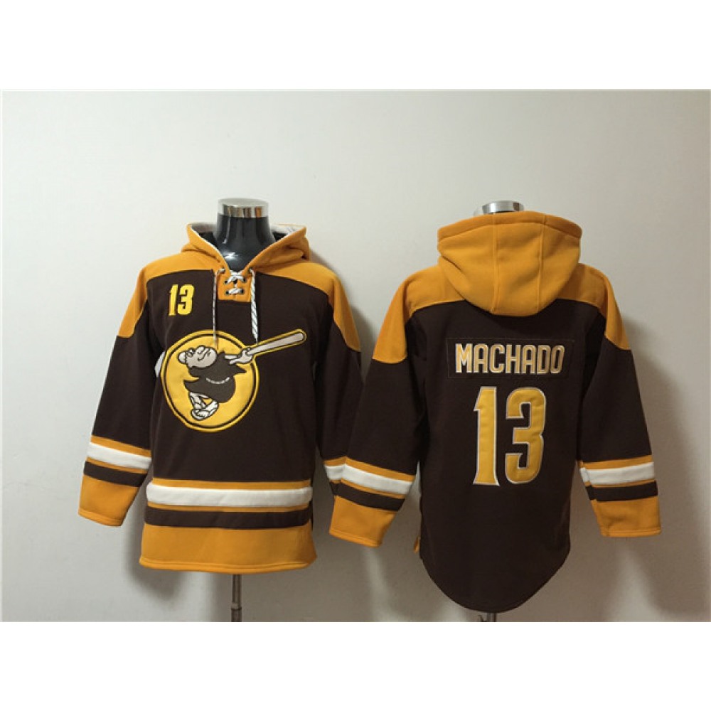 Men's San Diego Padres #13 Manny Machado Brown/Gold Ageless Must-Have Lace-Up Pullover Hoodie 1