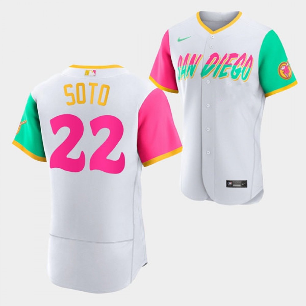 Men's San Diego Padres #22 Juan Soto 2022 White City Connect Flex Base Stitched Baseball Jersey 1
