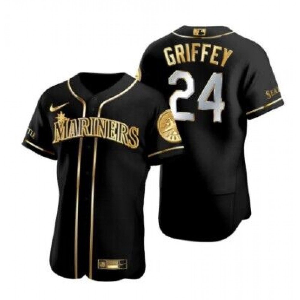 Men's Seattle Mariners #24 Ken Griffey Jr. Black Golden Flex Base Stitched Baseball Jersey 1