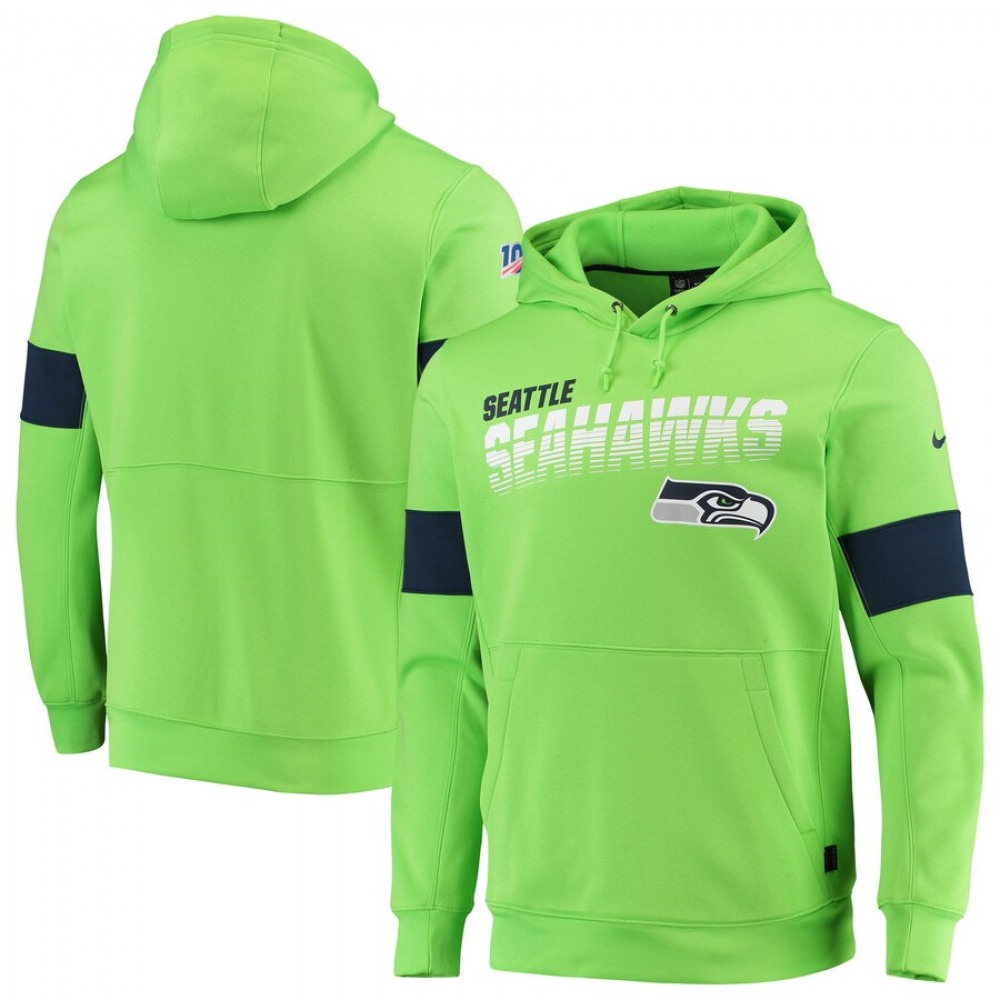 Men's Seattle Seahawks 2019 Neon Green 100th Season Sideline Team Logo Performance Pullover Hoodie 1