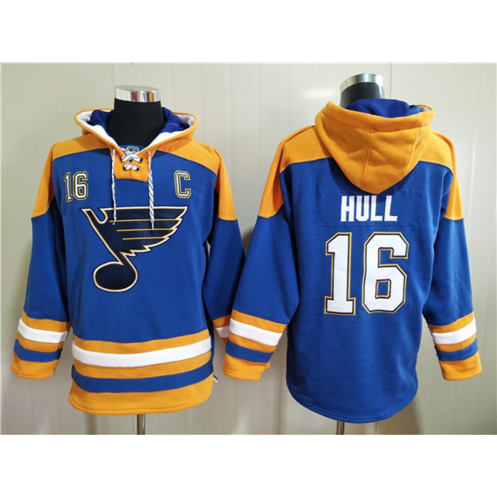 Men's St. Louis Blues #16 Brett Hull Blue Ageless Must-Have Lace-Up Pullover Hoodie 1