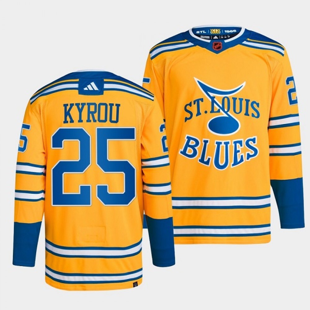 Men's St. Louis Blues #25 Jordan Kyrou Yellow 2022-23 Reverse Retro Stitched Jersey 1