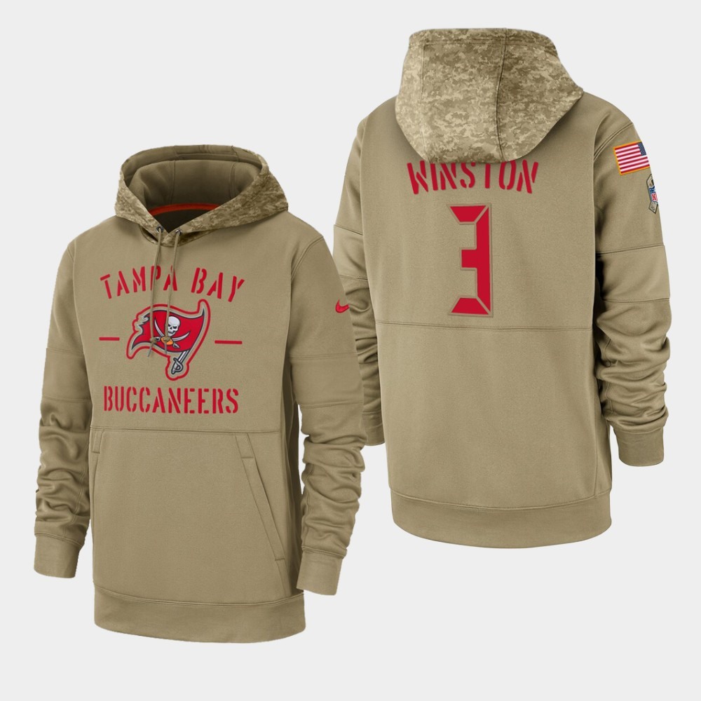 Men's Tampa Bay Buccaneers #3 Jameis Winston Tan 2019 Salute to Service Sideline Therma Pullover Hoodie 1
