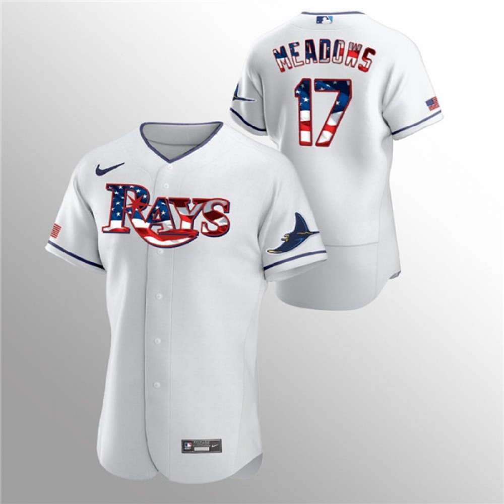 Men's Tampa Bay Rays #17 Austin Meadows White 2020 Stars & Stripes Flex Base Stitched Jersey 1
